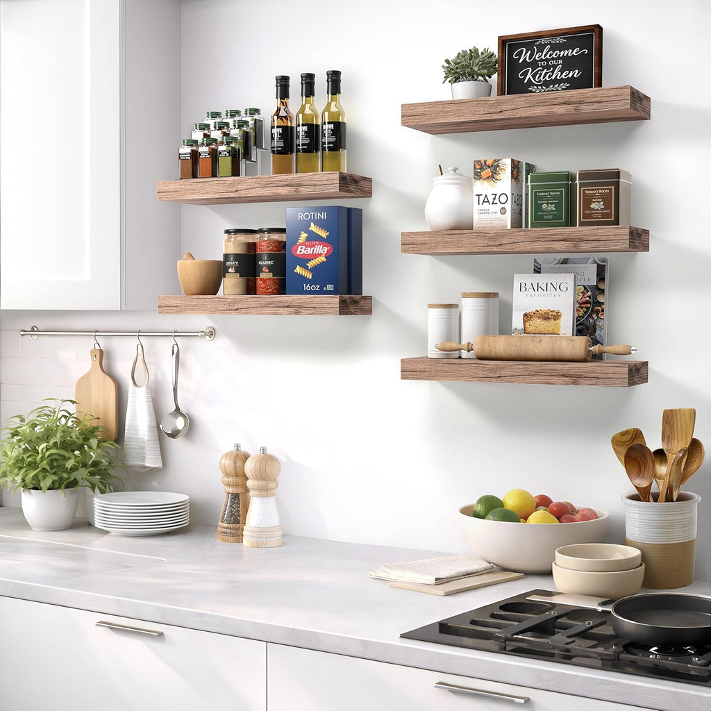 Floating Shelves for Wall – 16 Inch Floating Shelf for Kitchen, Bedroom, Living Room, Bathroom, Home & Wall Decor - Mounted Bathroom Shelves with Invisible Brackets (Mahogany, 3 Pack)